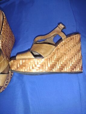 Braided Wedge Sandals in Tan with Adjustable Ankle Strap